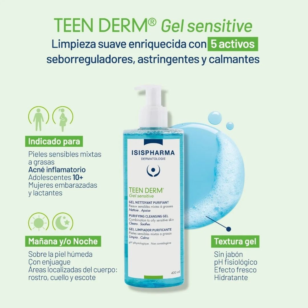 Isispharma Teen Derm Gel Sensitive 400ml — Limpiador Piel Grasa Sensible XL — DermaPharma