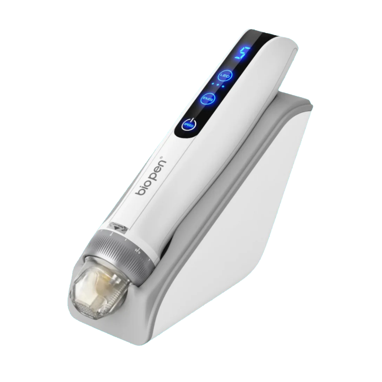Bio Pen Q2 de Dr. Pen, pluma de microneedling con EMS y luz LED sobre base de carga