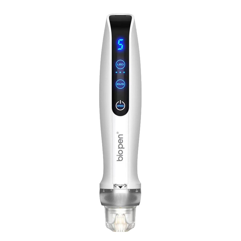Bio Pen Q2 de Dr. Pen, pluma de microneedling con EMS y luz LED sobre base de carga