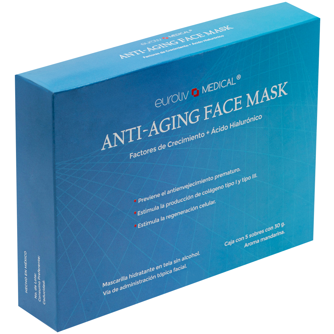 Mascarilla facial de tela Anti-Aging Euroliv con factores de crecimiento, caja de 5 sobres