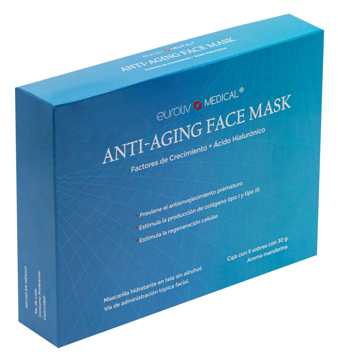 Mascarilla facial de tela Anti-Aging Euroliv con factores de crecimiento, caja de 5 sobres