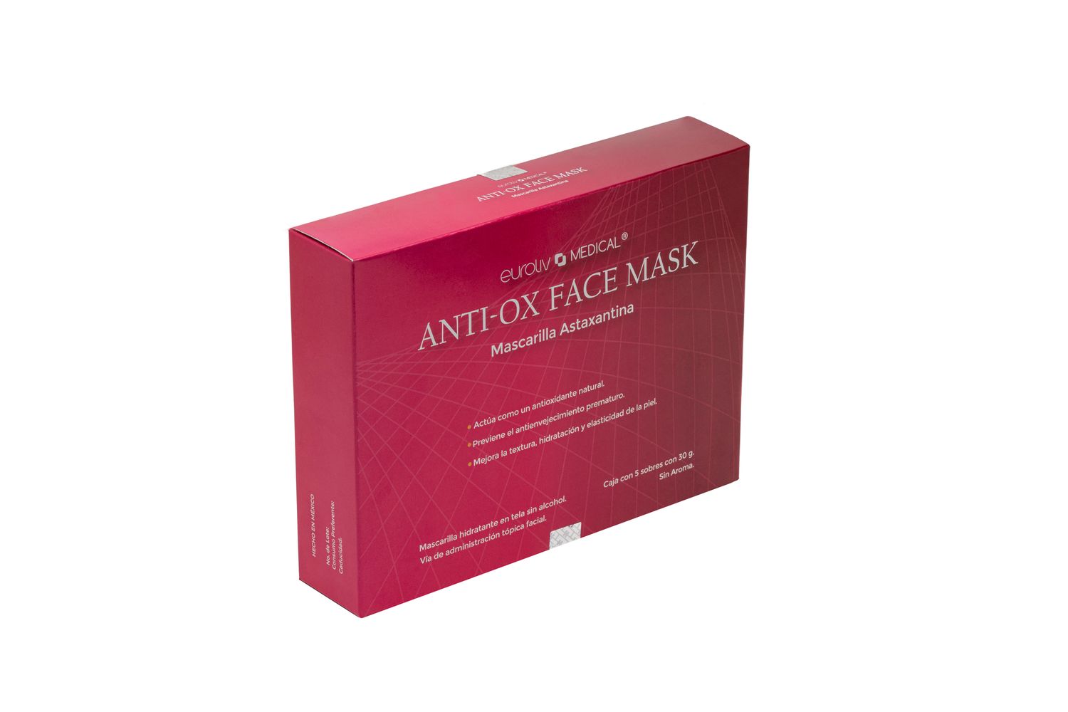 Mascarilla facial de tela Anti-Ox con astaxantina Euroliv, caja de 5 sobres