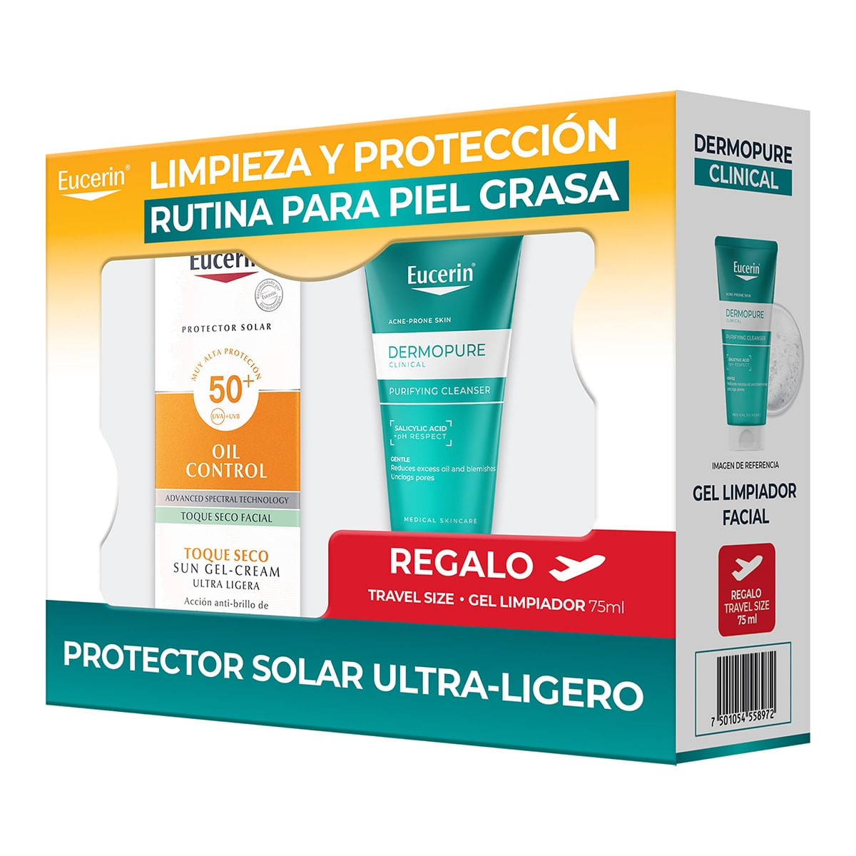 Eucerin Kit Piel Grasa: Sun Oil Control Gel-Cream Toque Seco FPS 50+ + Dermopure Gel Limpiador 75 ml