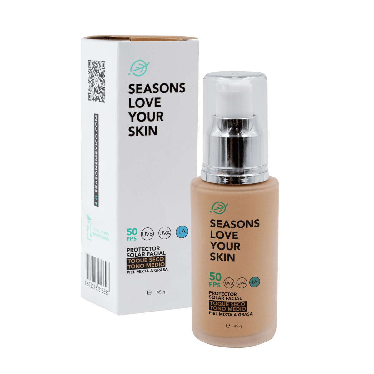 Season Love Your Skin Protector solar FPS50 Toque Seco Tono Medio 45 g - SEASONS Love Your Skin