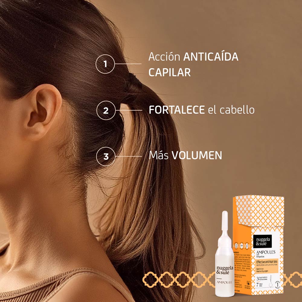 Nuggela & Sulé Ampollas Anticaída 1 x 10 ml con Extracto de Cebolla Roja, caja y ampolla (3)