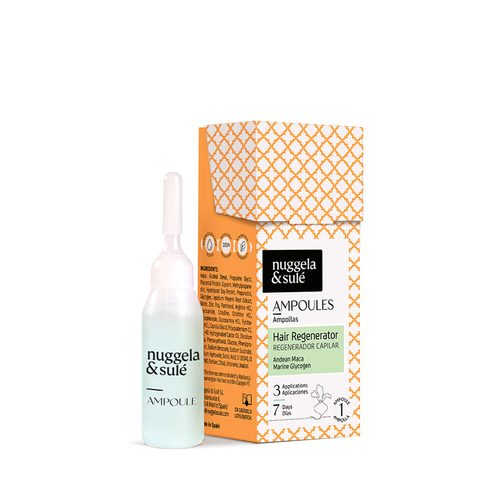 Nuggela & Sulé Ampollas Regenerador Capilar 1 x 10 ml, caja y ampolla con dosificador