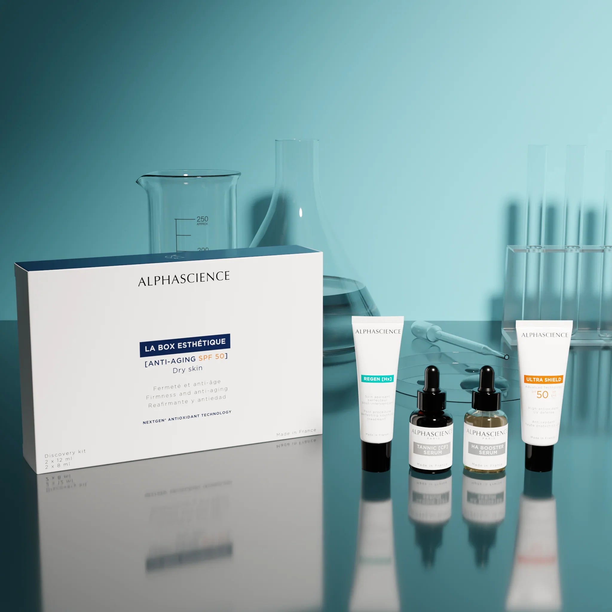 Alphascience La Box Esthétique Brightening SPF 50, kit con Alpha Bright, HA Booster, Ultra Shield y Regen