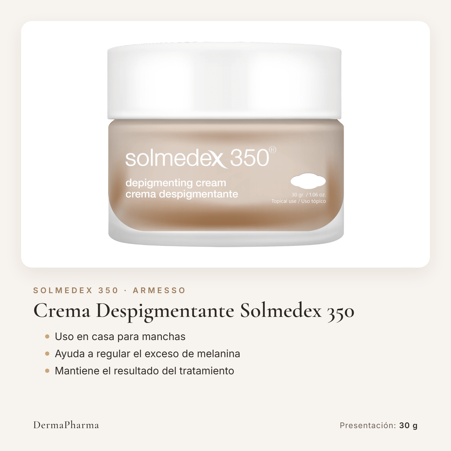 Crema despigmentante Solmedex 350 de Armesso, tarro de 30 g