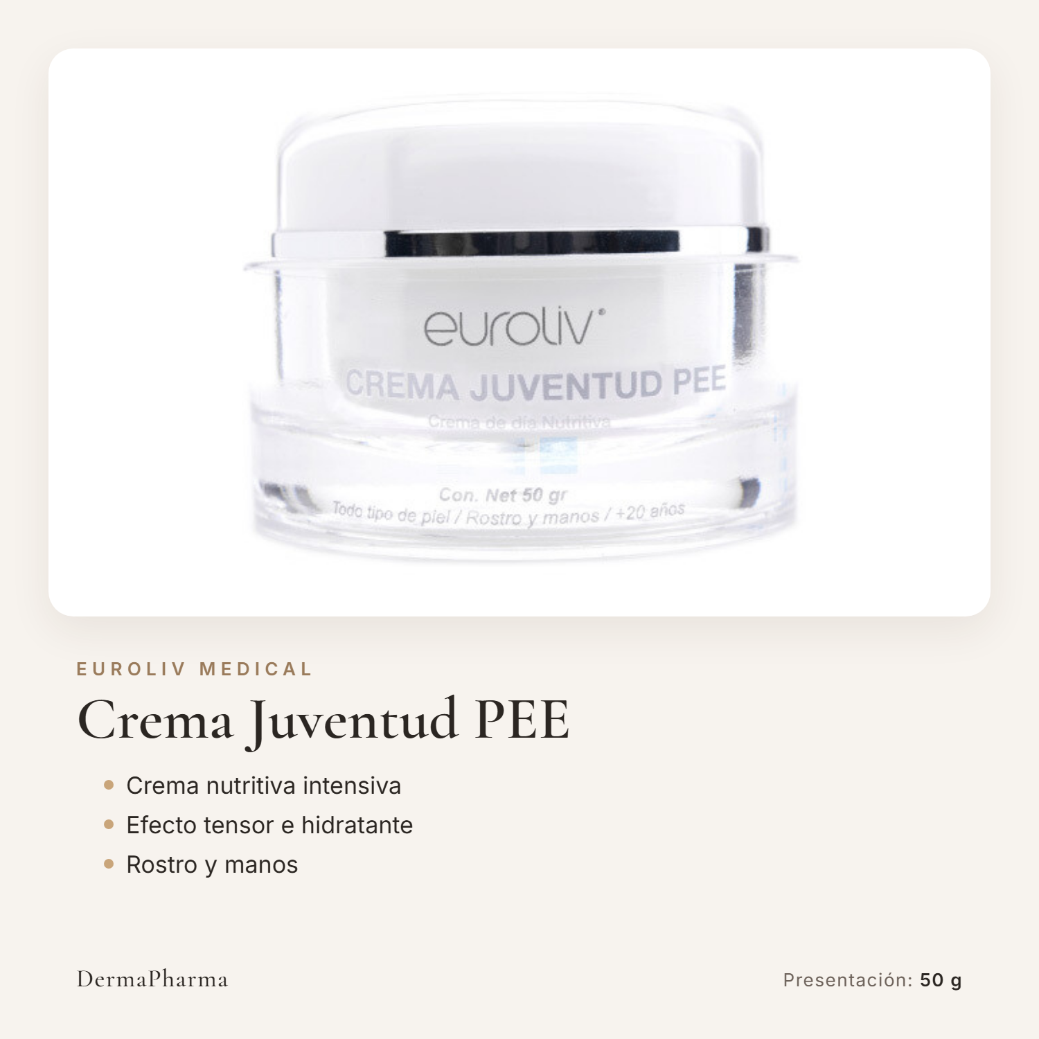 Crema Juventud PEE Euroliv Medical, frasco de 50 g