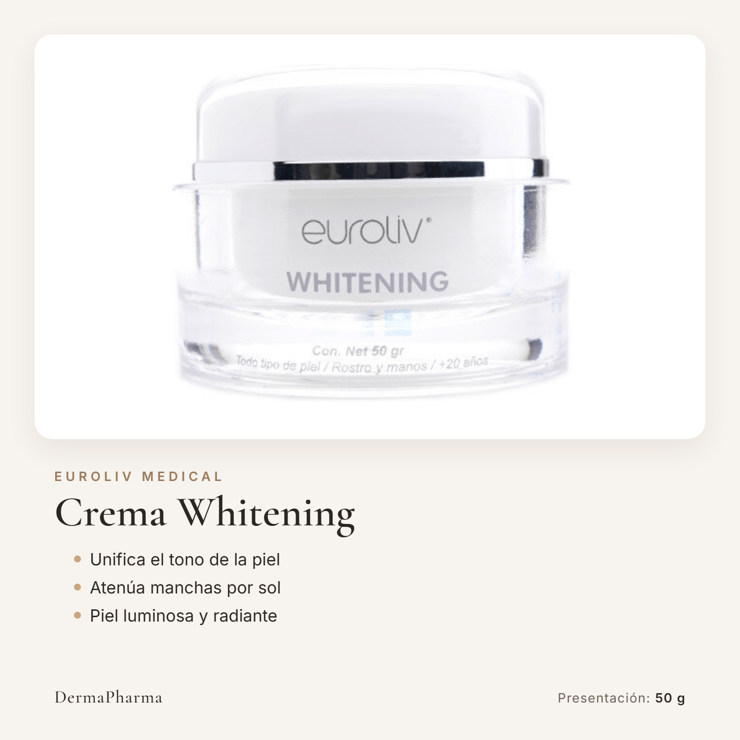 Crema despigmentante Whitening Euroliv Medical, frasco de 50 g