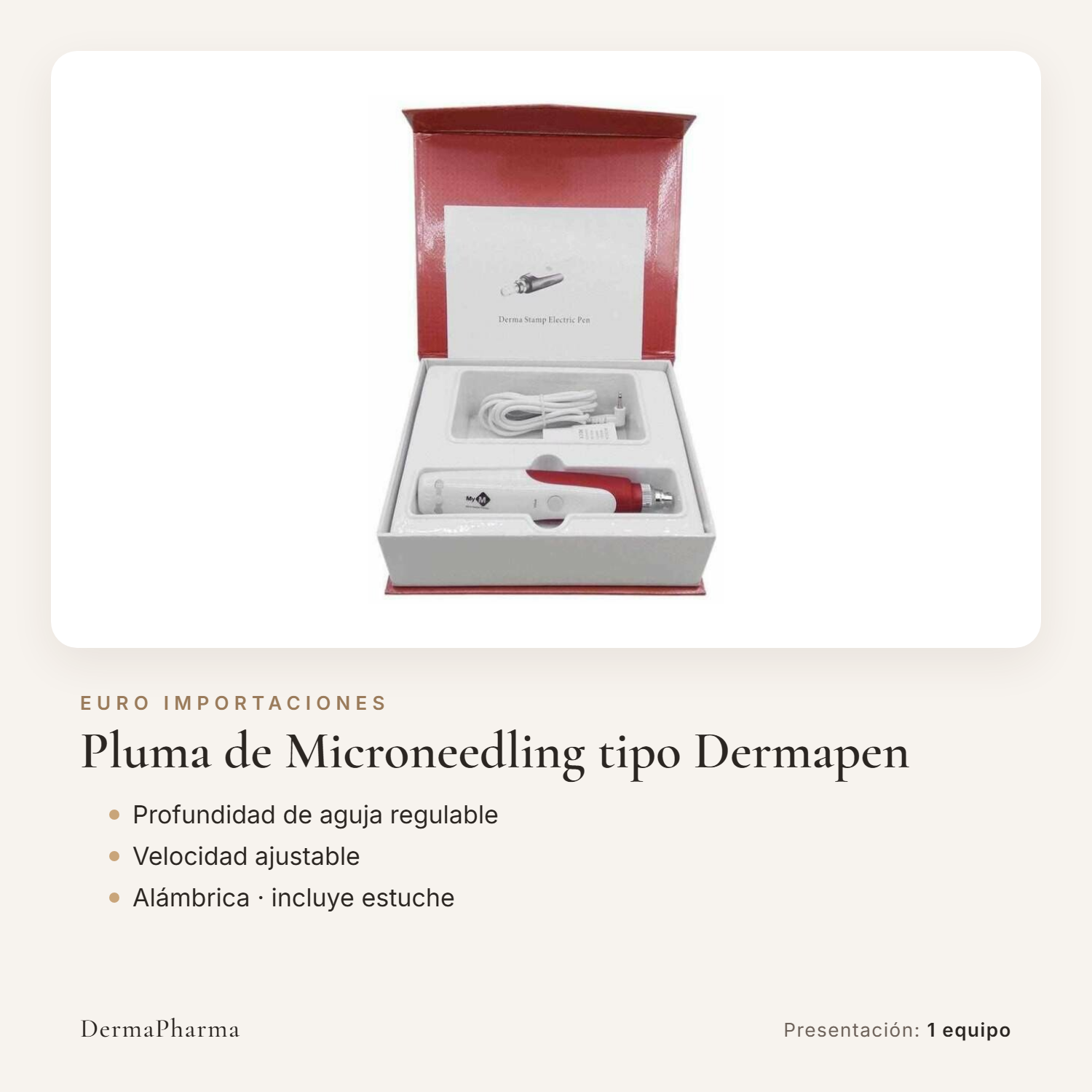 Pluma de microneedling tipo dermapen alámbrica en su estuche
