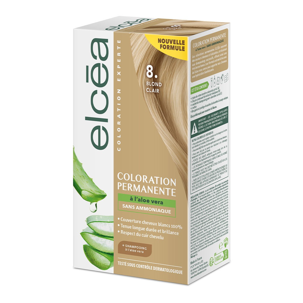 Elcea Tinte Permanente 8 Rubio Claro Kit sin amoníaco, caja del tinte Light Blonde 8 de Laboratoires Noreva