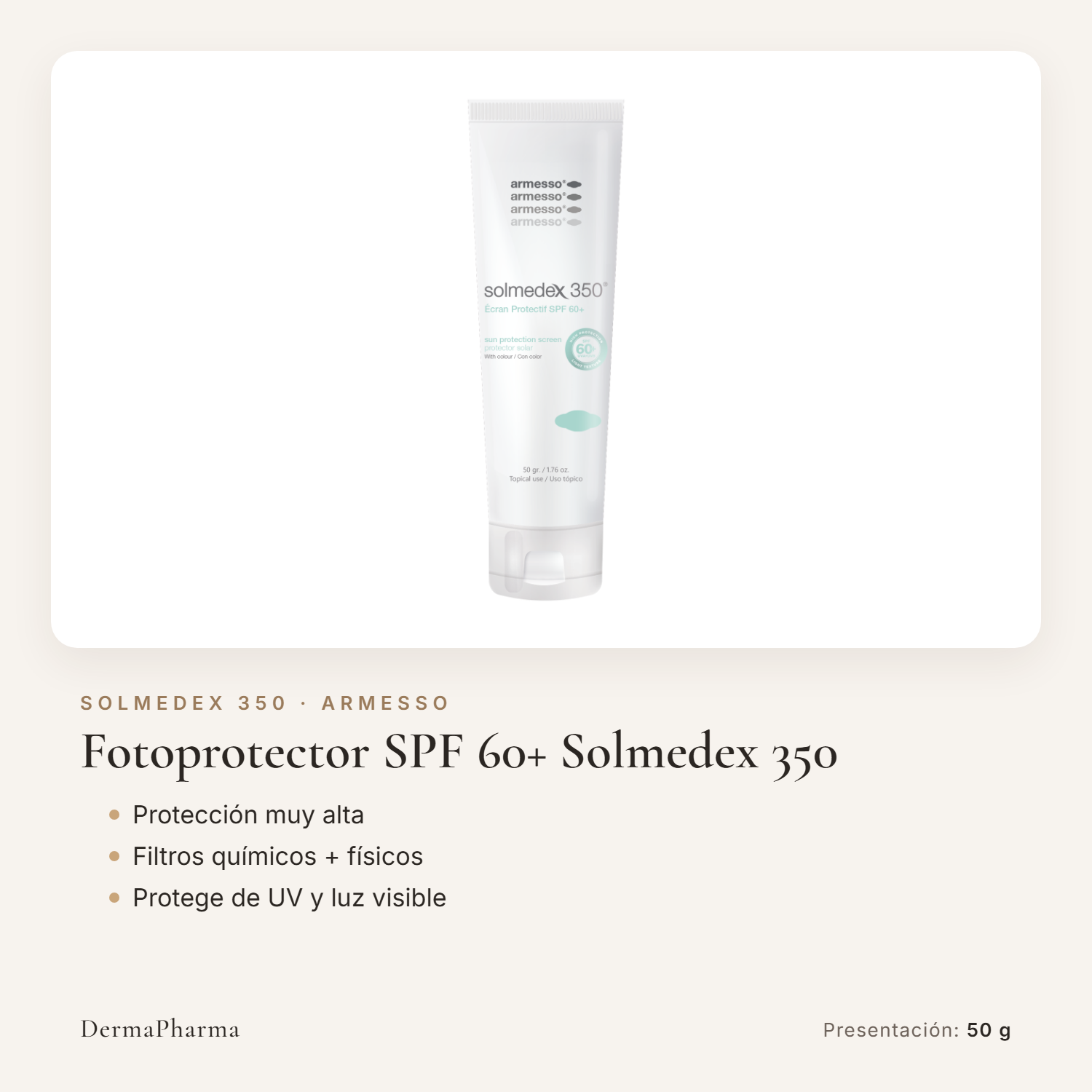 Fotoprotector solar SPF 60+ Solmedex 350 de Armesso, tubo de 50 g