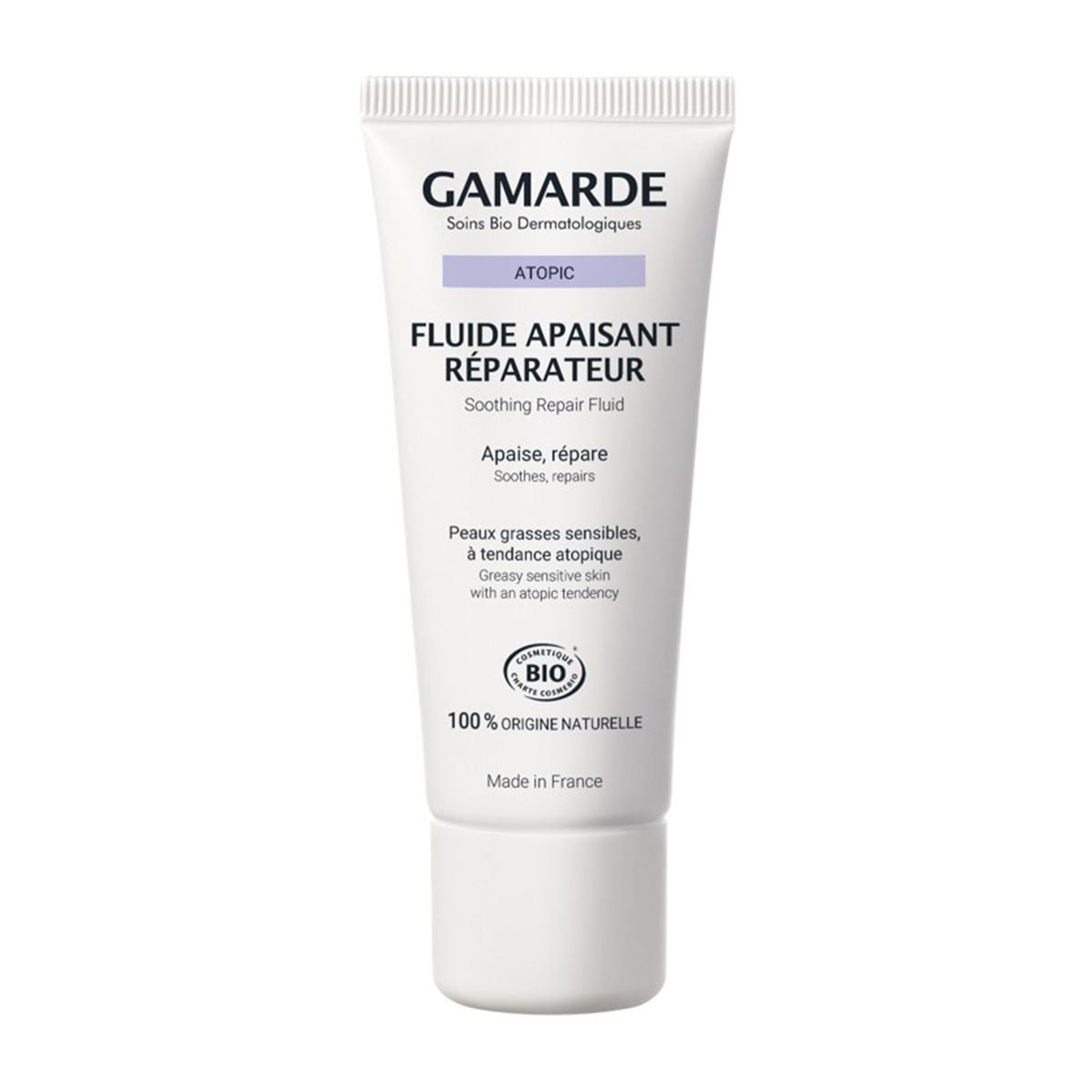 Gamarde Fluido Calmante Reparador 40 ml, fluido facial orgánico para piel sensible con tendencia atópica