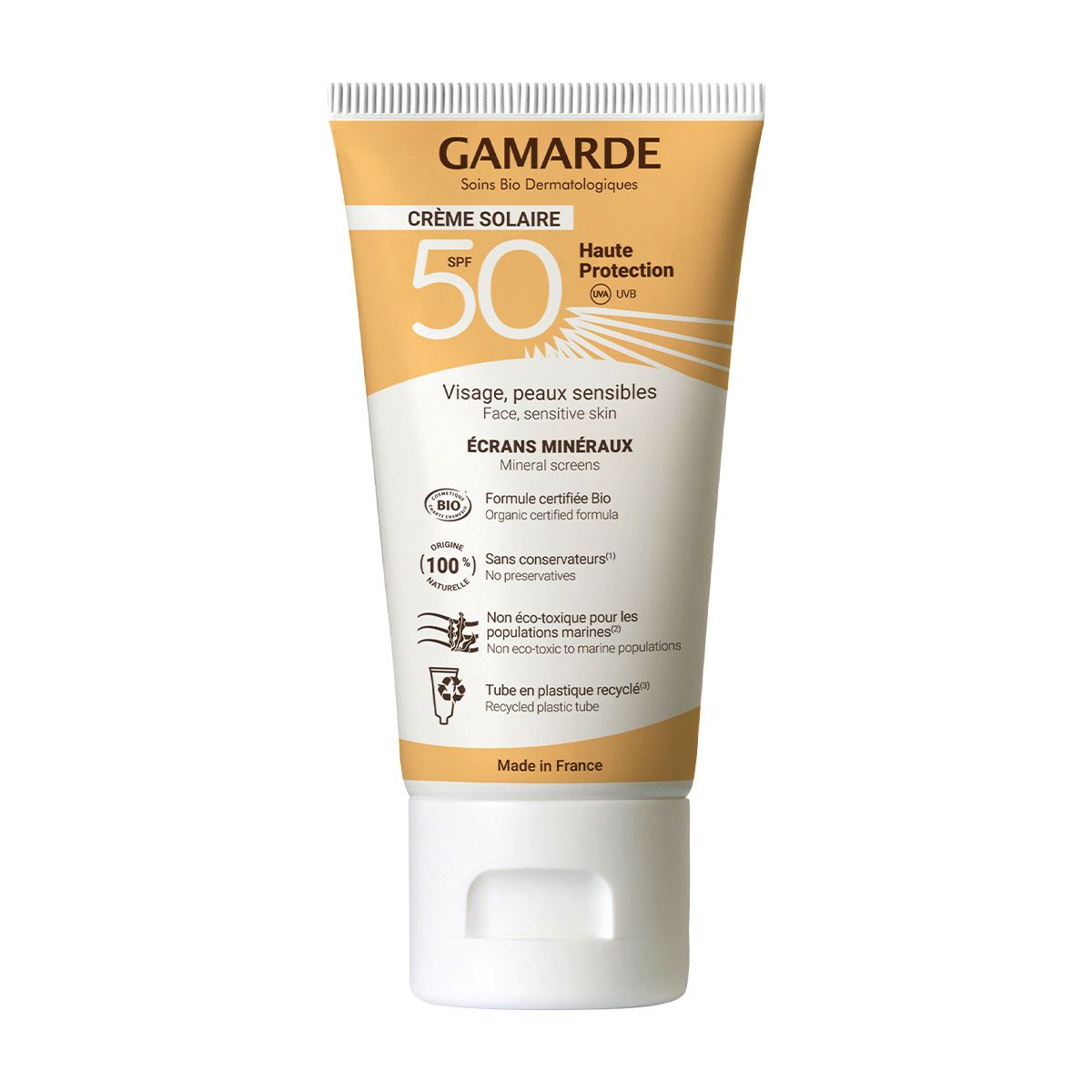 Gamarde Protector Solar Facial FPS 50 40 ml, crema solar mineral orgánica sin perfume para piel sensible