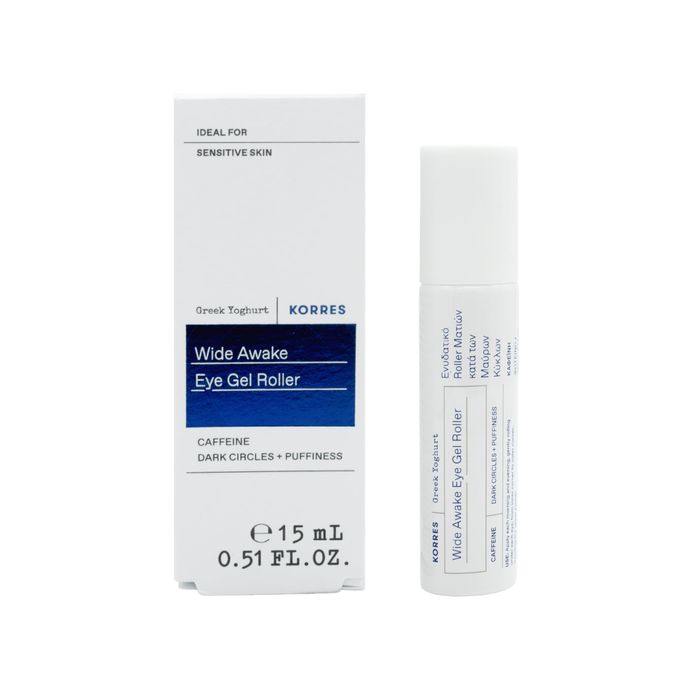 Korres Greek Yoghurt Wide Awake Eye Gel Roller 15 ml, gel roll-on para contorno de ojos con cafeína