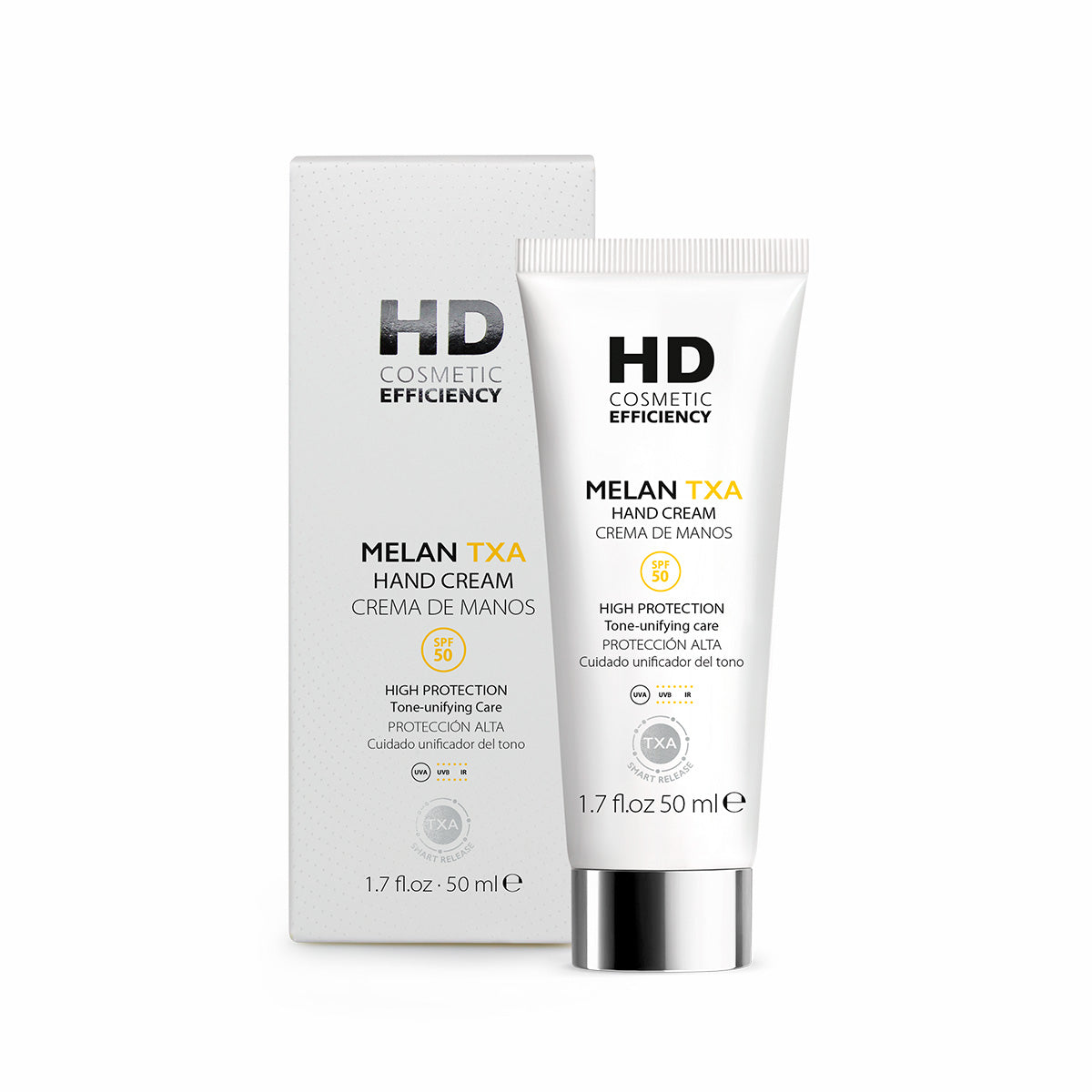 HD Melan TXA Crema de Manos SPF50 tubo y estuche