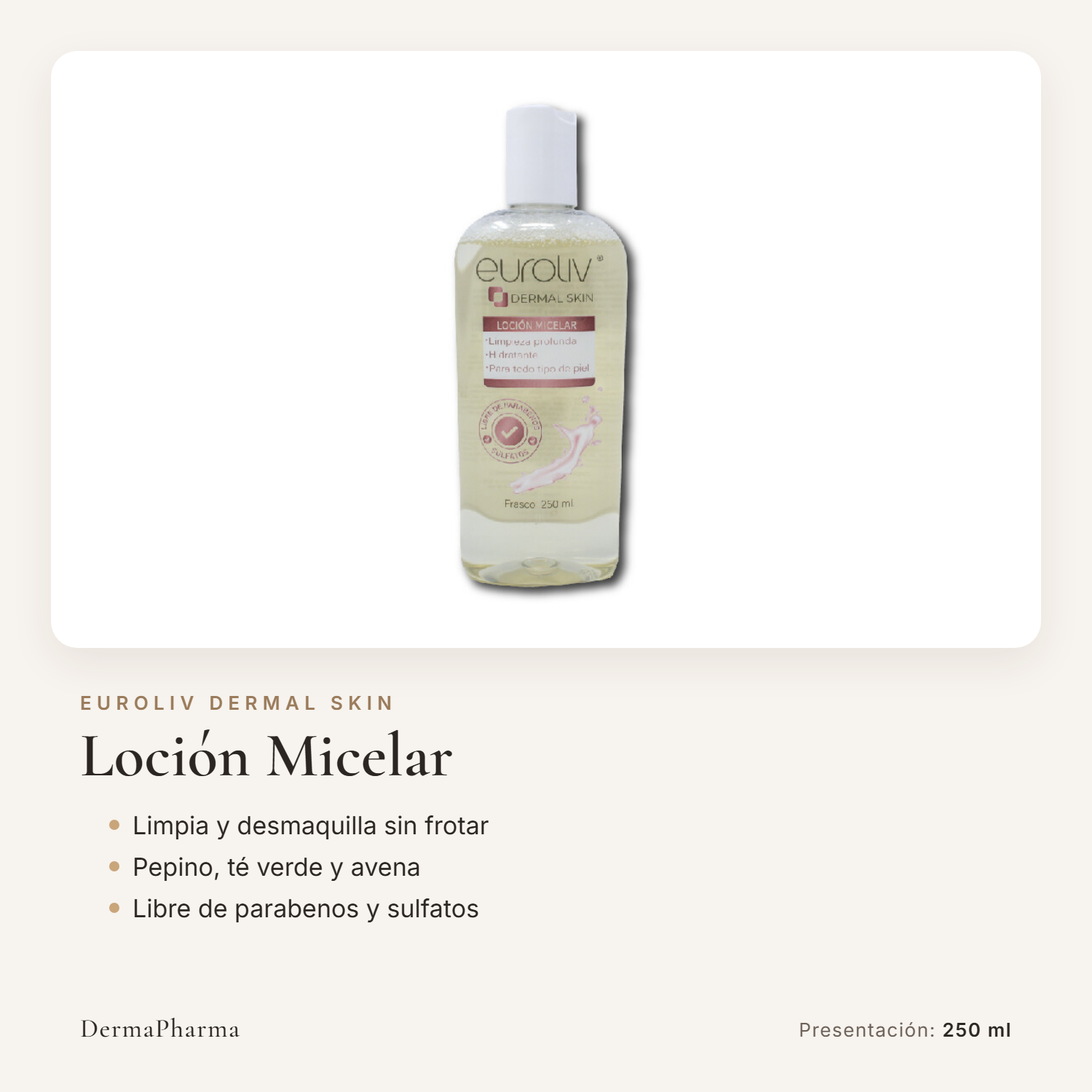 Agua micelar Euroliv Dermal Skin, loción micelar desmaquillante de 250 ml