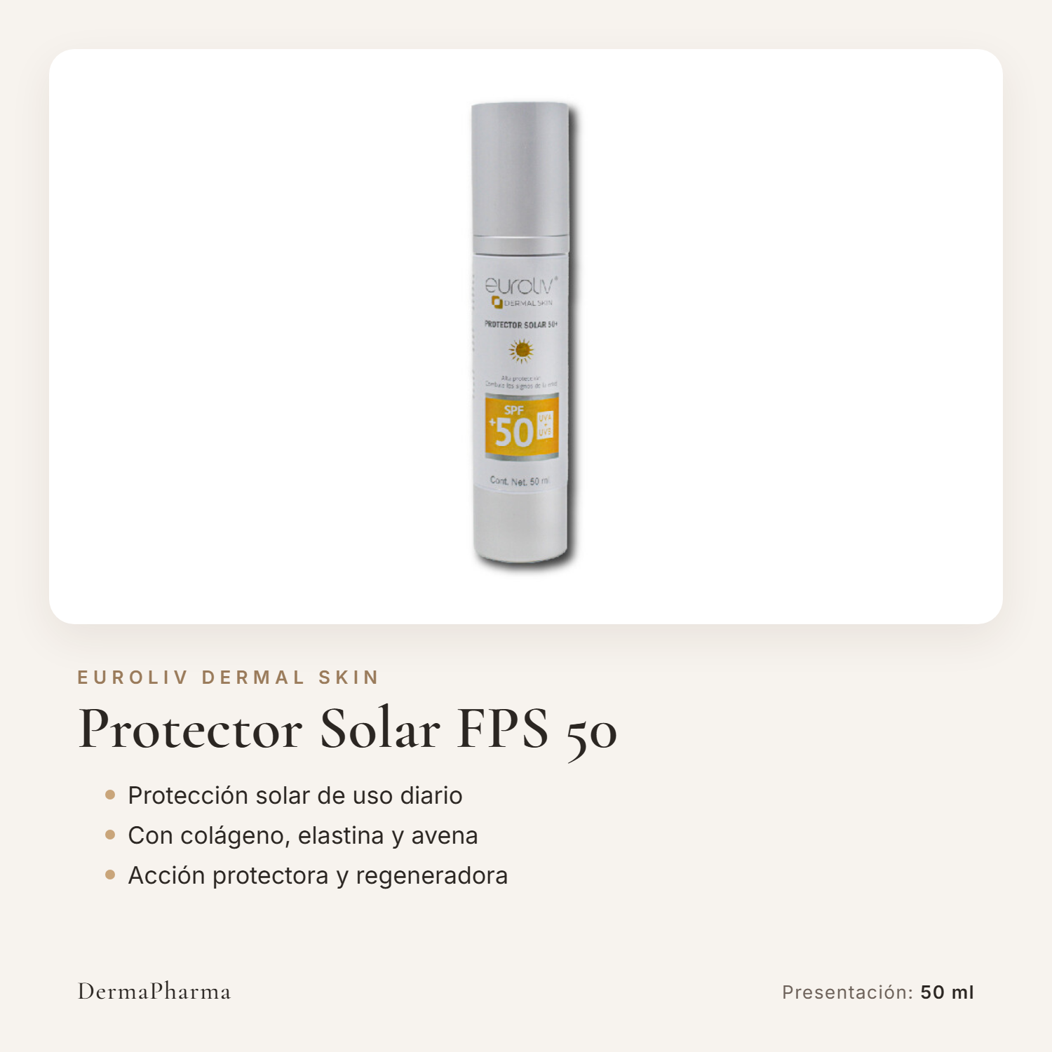 Protector solar facial FPS 50 Euroliv Dermal Skin, 50 ml