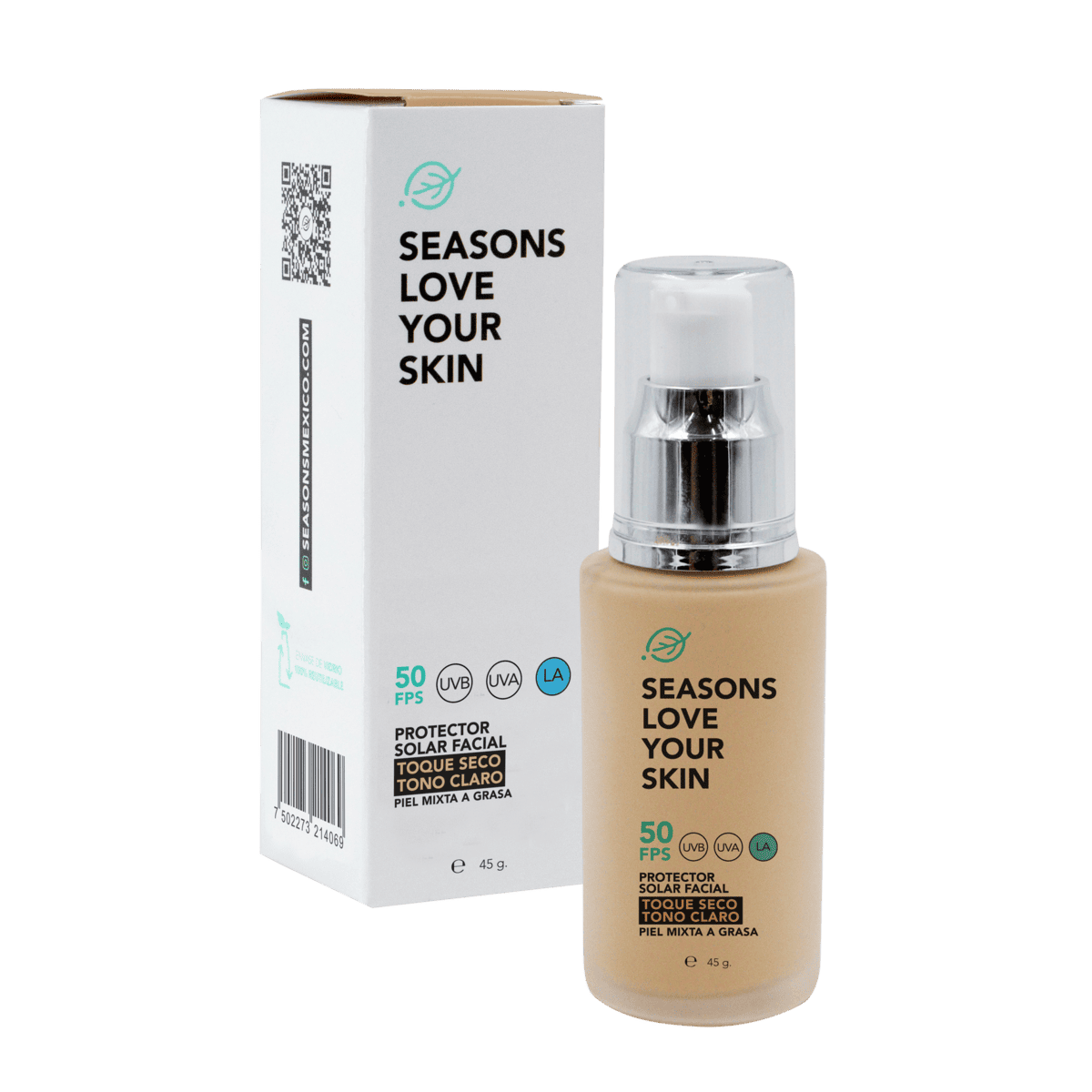 Season Love Your Skin Protector solar FPS50 Toque Seco Tono Claro 45 g - SEASONS Love Your Skin