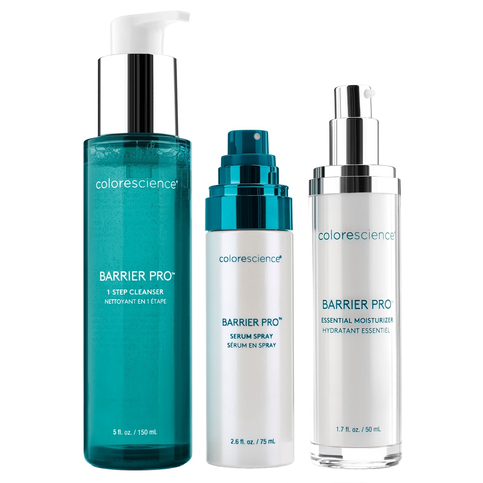 Colorescience Barrier Pro: limpiador 1-Step Cleanser 150 ml, Serum Spray 75 ml y Essential Moisturizer 50 ml