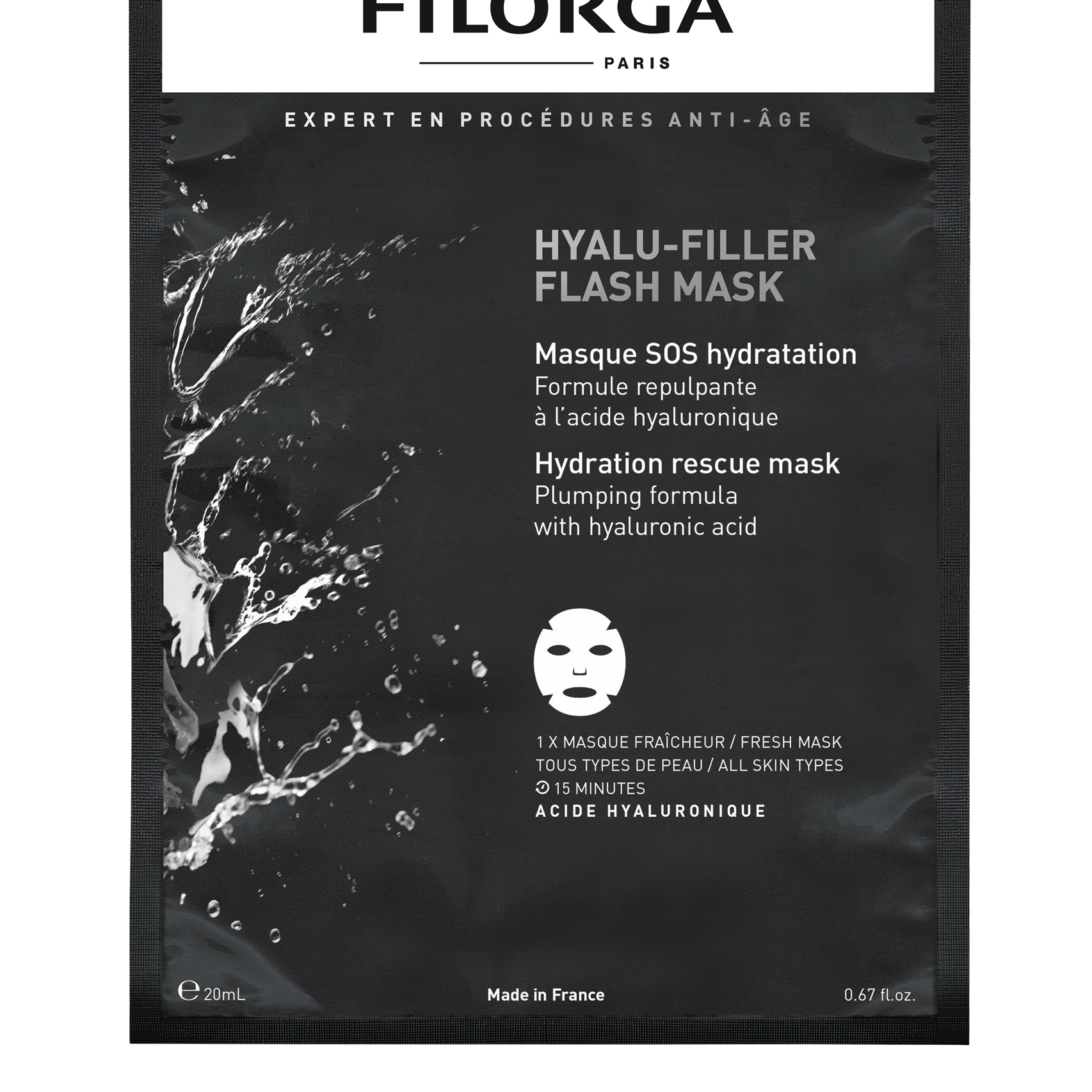 Filorga Hyalu-Filler Flash Mask (caja de 12) 12 mascarillas monodosis — mascarilla super-hidratante de fibra con ácido hialurónico, NMF y aloe vera, caja de 12