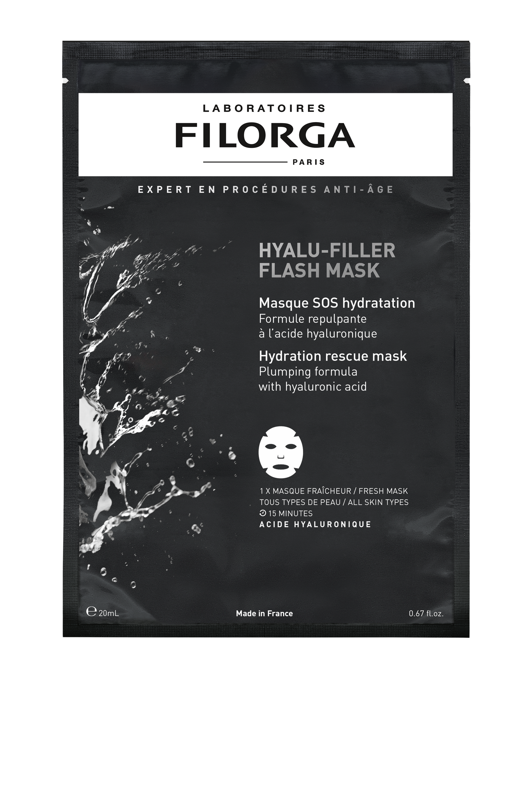 Filorga Hyalu-Filler Flash Mask (caja de 12) 12 mascarillas monodosis — mascarilla super-hidratante de fibra con ácido hialurónico, NMF y aloe vera, caja de 12