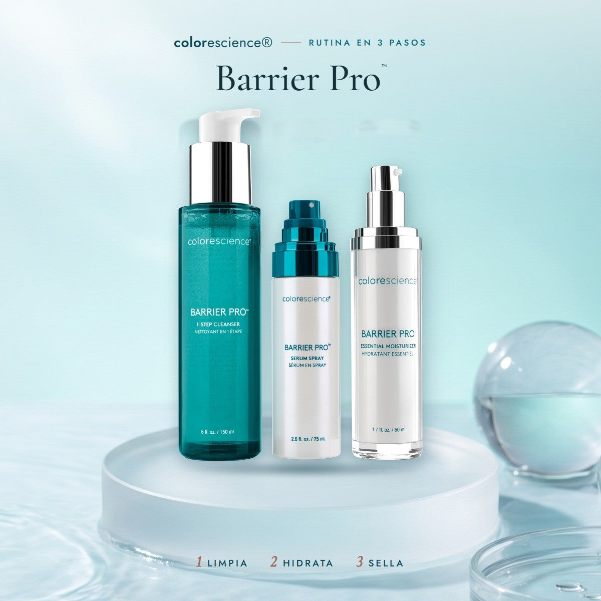 Rutina Barrier Pro de Colorescience en 3 pasos: 1-Step Cleanser, Serum Spray y Essential Moisturizer