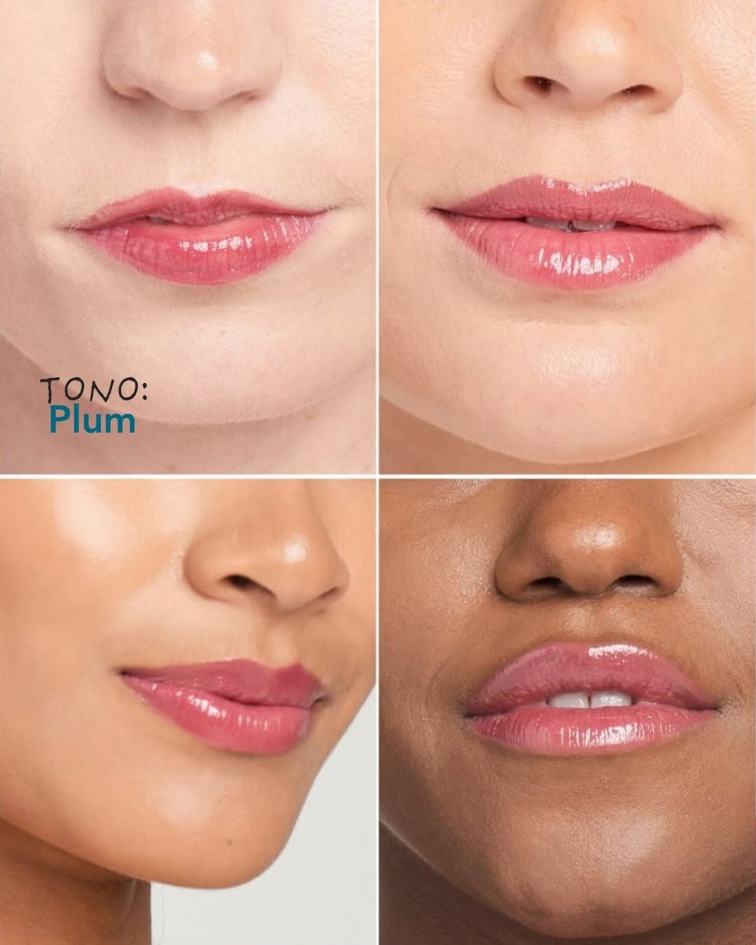 Peptide Lip Shine tono Plum en distintos tonos de piel