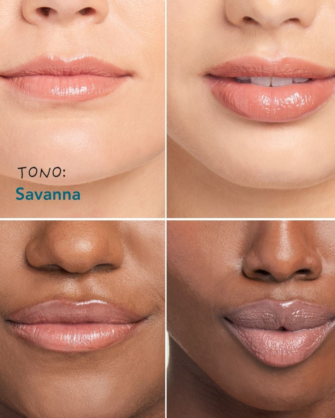 Peptide Lip Shine tono Savanna en distintos tonos de piel