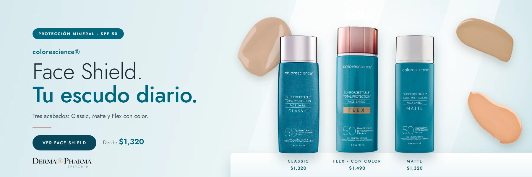 Colorescience Face Shield SPF 50, protección mineral con color en acabados Classic, Matte y Flex. Tu escudo diario en DermaPharma