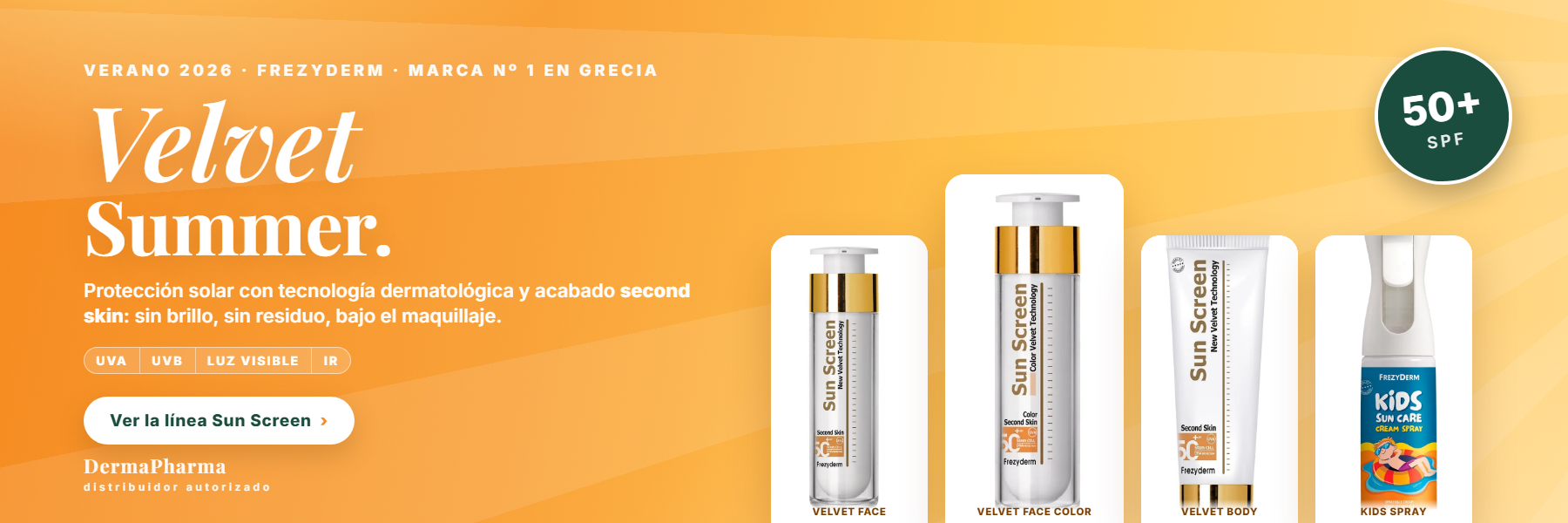 Velvet Summer — Frezyderm Sun Screen Velvet SPF50+: Face, Face Color, Body y Kids Spray