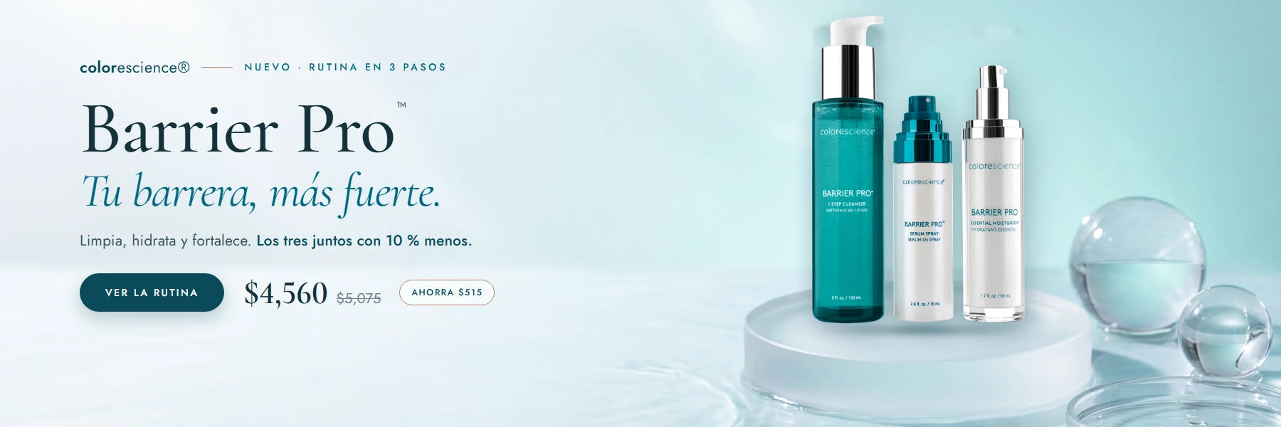 Colorescience Barrier Pro: rutina en 3 pasos con limpiador, sérum en spray y crema hidratante. $4,560, ahorra $515 en DermaPharma